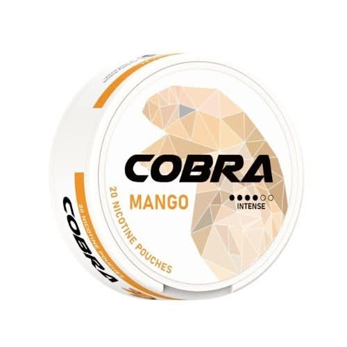 Cobra Nicotine Pouches Mango in a round tin, offering a sweet and tropical mango flavour with bold nicotine in a clean, tobacco-free pouch.