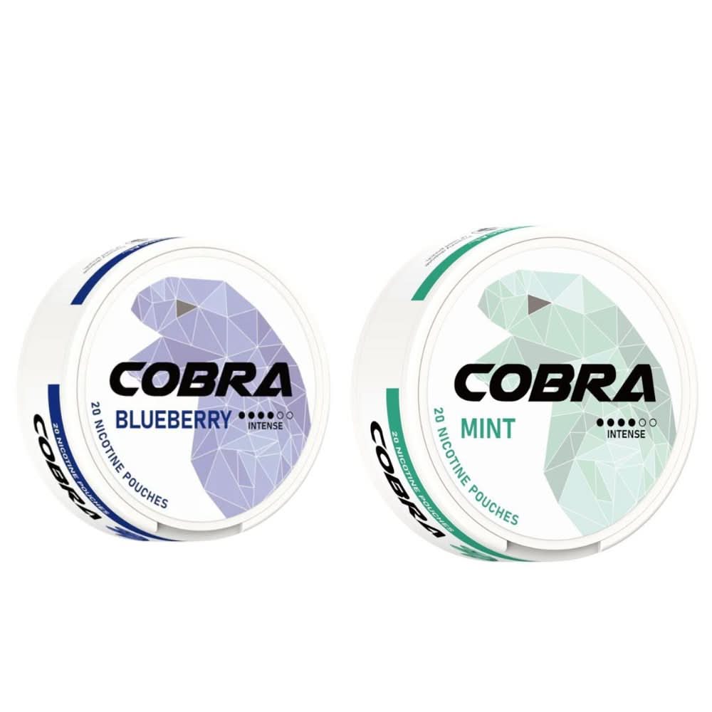Cobra Nicotine Pouches in a round tin, offering strong nicotine satisfaction with bold flavours in a discreet, tobacco-free pouch format.