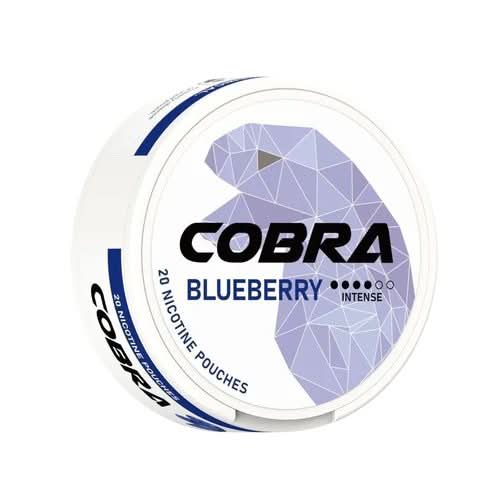 Cobra Nicotine Pouches Blueberry in a round can, delivering a sweet and tangy blueberry flavour with strong nicotine in a clean, tobacco-free pouch.