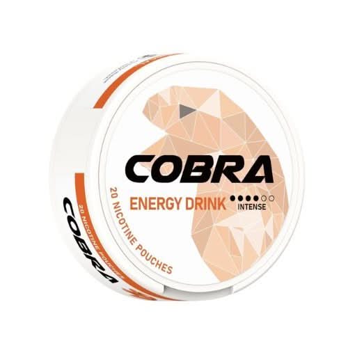 Cobra Nicotine Pouches Energy Drink in a round can, delivering a bold, fizzy energy drink-inspired flavour with strong nicotine in a tobacco-free pouch.