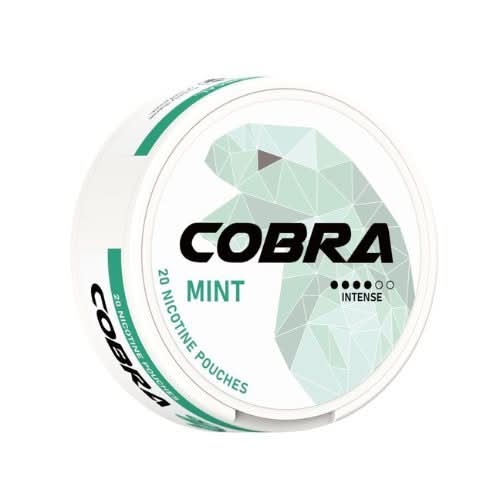 Cobra Nicotine Pouches Mint in a round can, delivering a crisp and refreshing mint flavour with strong nicotine in a smooth, tobacco-free pouch.