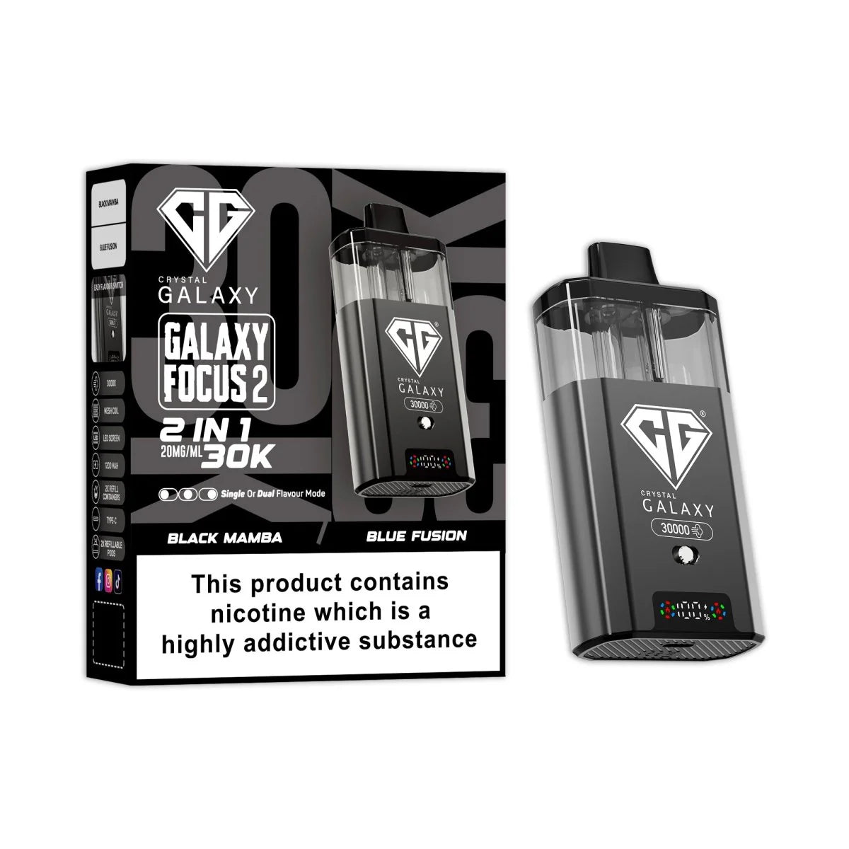 Crystal Galaxy Focus 2 30K Disposable Vape Device - Eliquid Base - Black Mamba / Blue Fusion