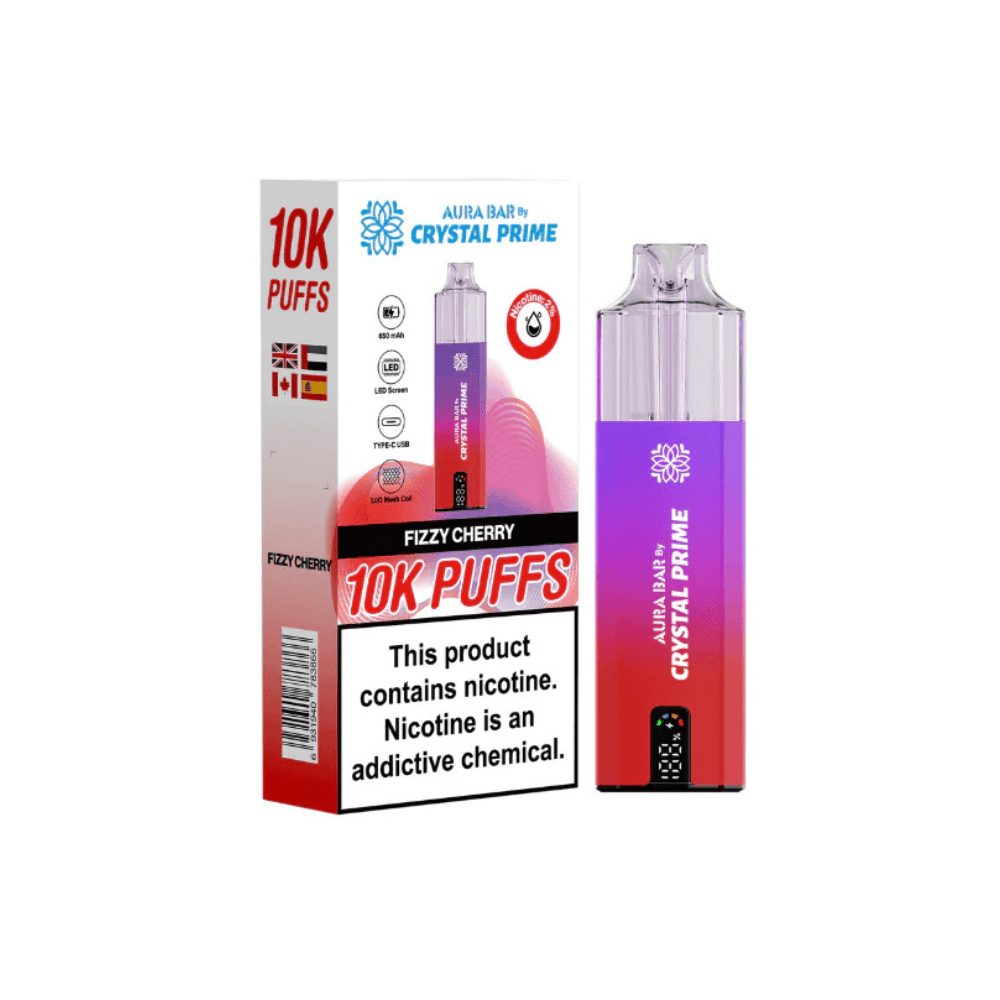 Crystal Prime Aura Bar 10,000 Puffs Prefilled Pod Kit - Eliquid Base - Fizzy Cherry