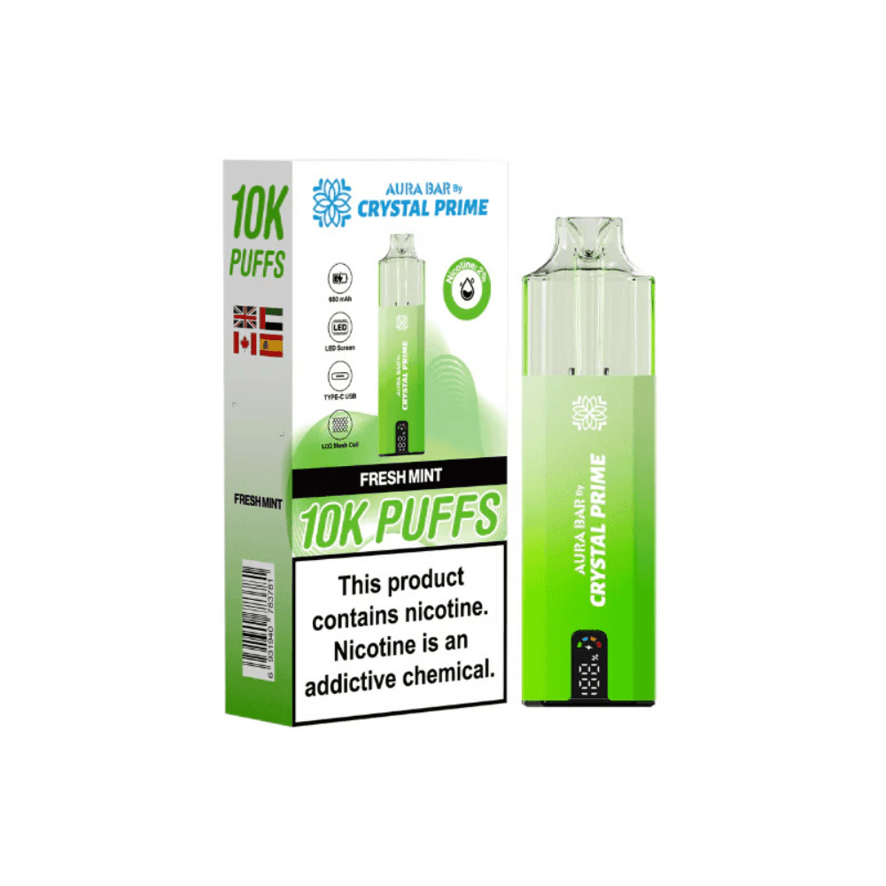 Crystal Prime Aura Bar 10,000 Puffs Prefilled Pod Kit - Eliquid Base - Fresh Mint
