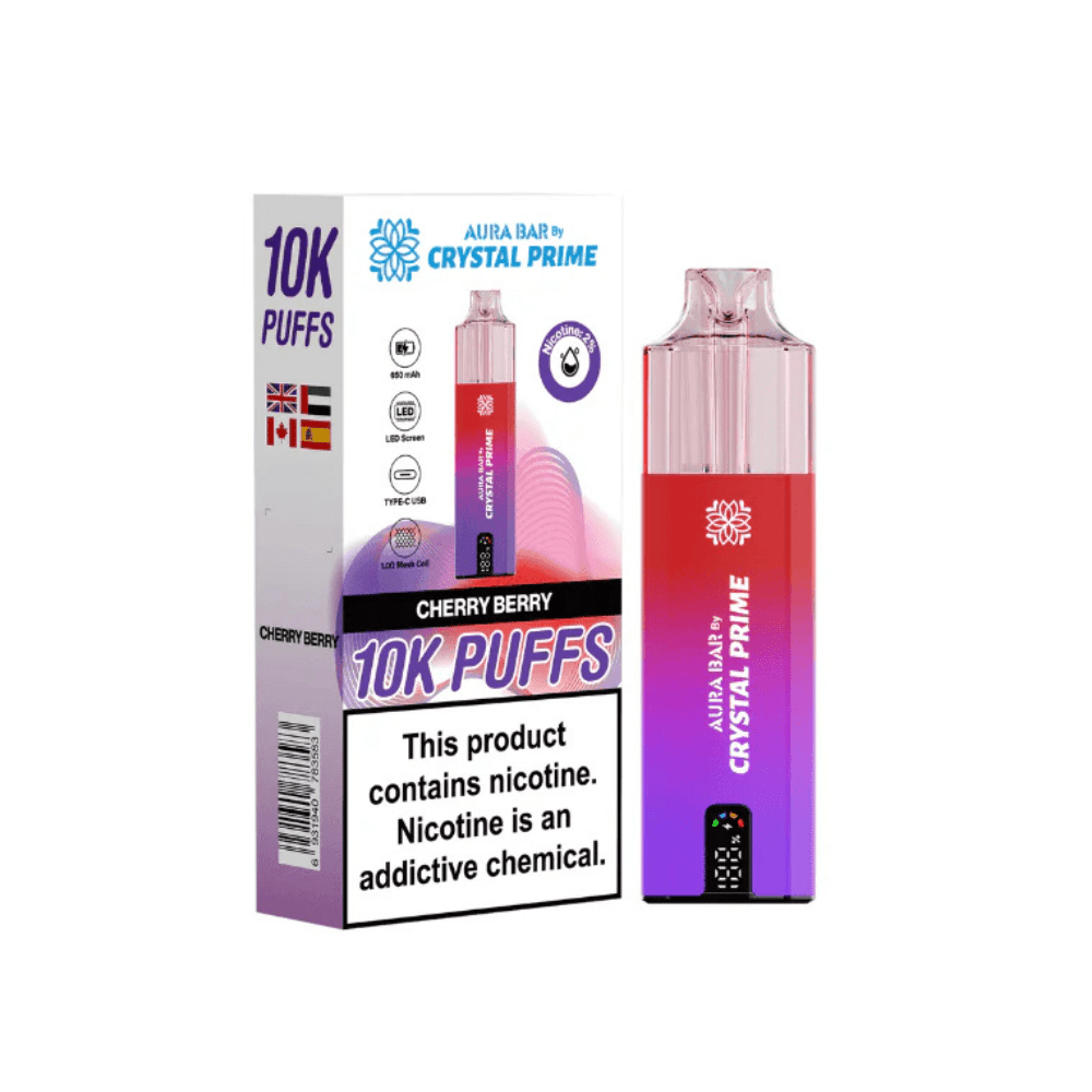 Crystal Prime Aura Bar 10,000 Puffs Prefilled Pod Kit - Eliquid Base - Cherry Berry
