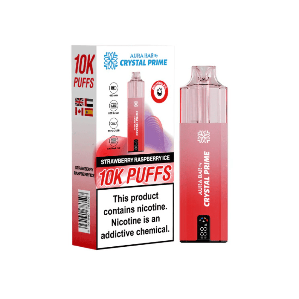 Crystal Prime Aura Bar 10,000 Puffs Prefilled Pod Kit - Eliquid Base - Strawberry Raspberry Ice