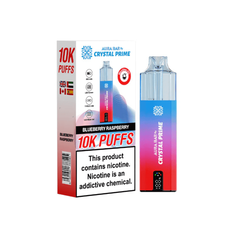 Crystal Prime Aura Bar 10,000 Puffs Prefilled Pod Kit - Eliquid Base - Blueberry Raspberry