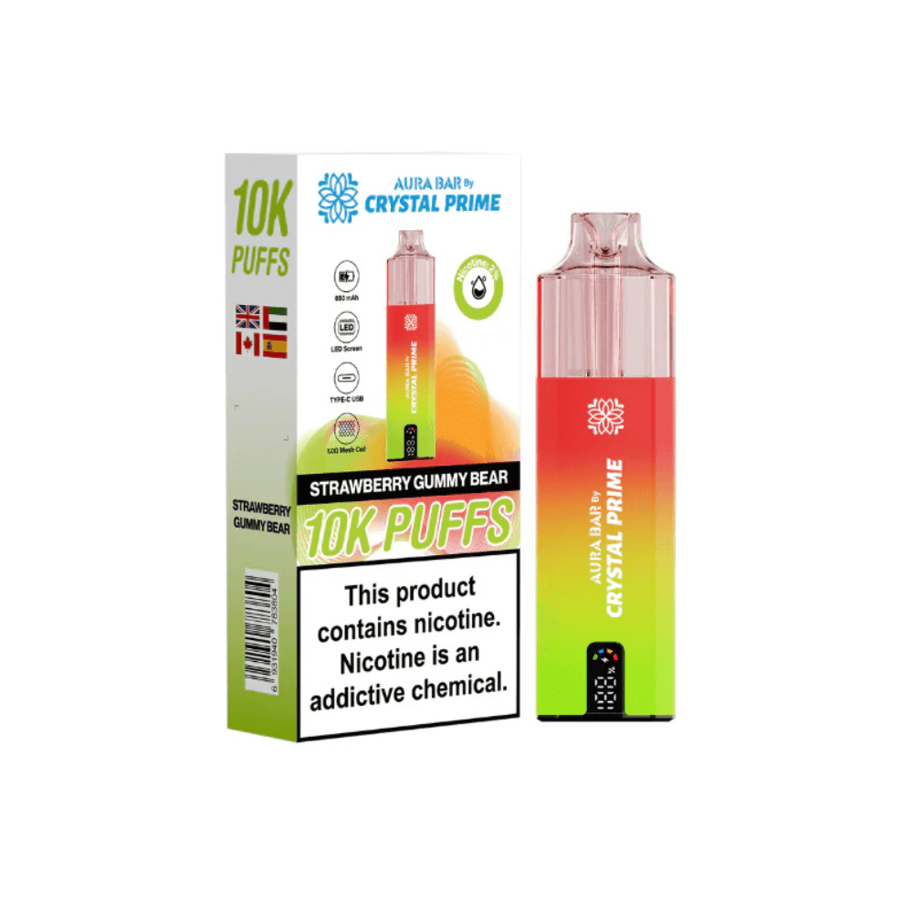 Crystal Prime Aura Bar 10,000 Puffs Prefilled Pod Kit - Eliquid Base - Strawberry Gummy Bear