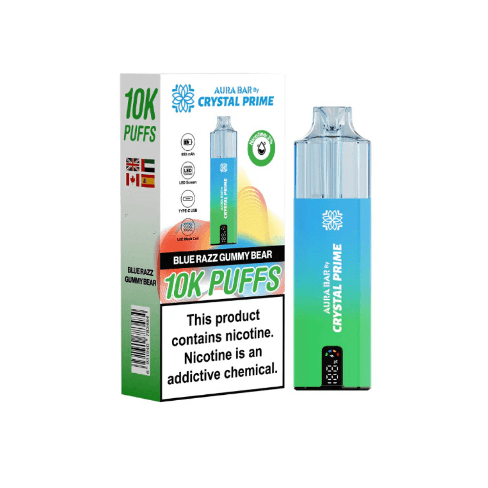 Crystal Prime Aura Bar 10,000 Puffs Prefilled Pod Kit - Eliquid Base - Blue Razz Gummy Bear