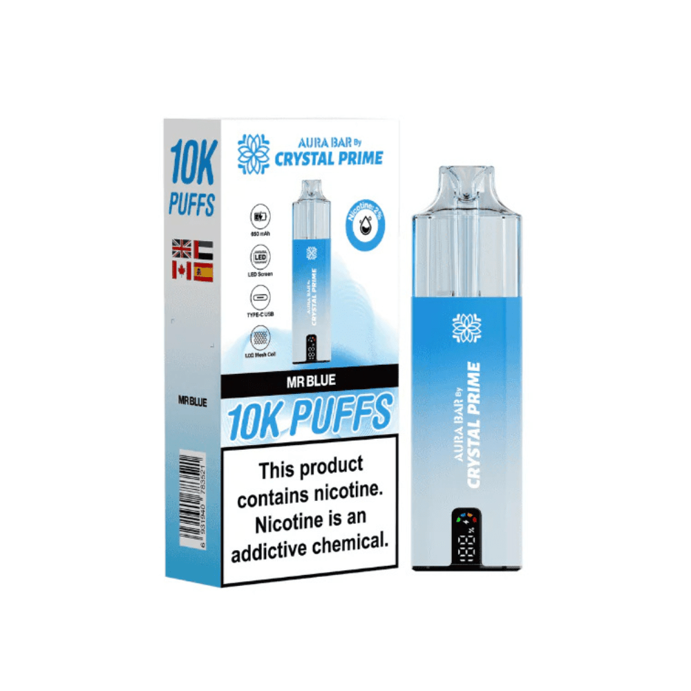 Crystal Prime Aura Bar 10,000 Puffs Prefilled Pod Kit - Eliquid Base - Mr Blue