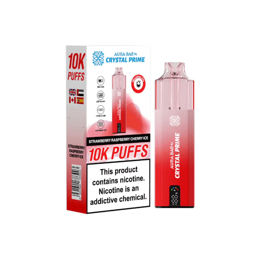 Crystal Prime Aura Bar 10,000 Puffs Prefilled Pod Kit - Eliquid Base - Strawberry Raspberry Cherry Ice