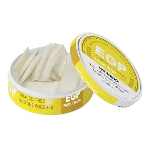 EGP Nicotine Pouches Summer Mango in a round can, offering a sweet and tropical mango flavour with 9mg or 14mg nicotine in a smooth, tobacco-free pouch.