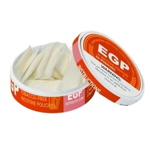 EGP Nicotine Pouches Ice Watermelon in a round tin, delivering a juicy watermelon flavour with an icy menthol twist and 9mg or 14mg nicotine strength.