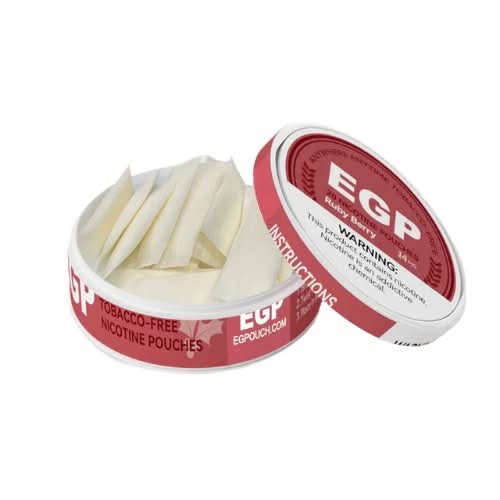 EGP Nicotine Pouches Ruby Berry in a round tin, offering a vibrant mix of berry flavours with 9mg or 14mg nicotine strength in a smooth, tobacco-free pouch.
