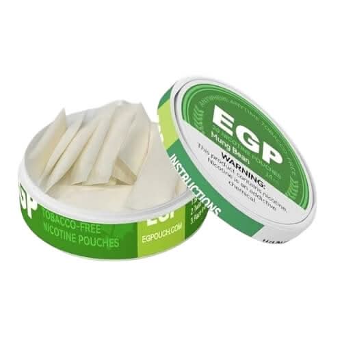EGP Nicotine Pouches Mung Bean in a round tin, featuring a unique earthy mung bean flavour with 9mg or 14mg nicotine in a clean, tobacco-free pouch.