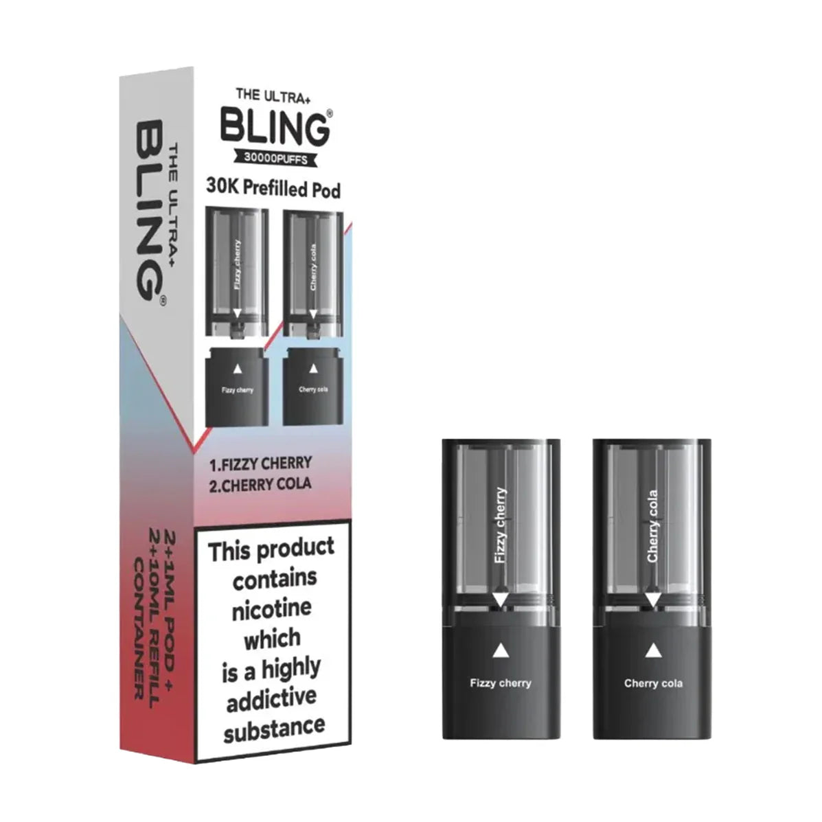 Bling vape pod packaging with two pods on a white background