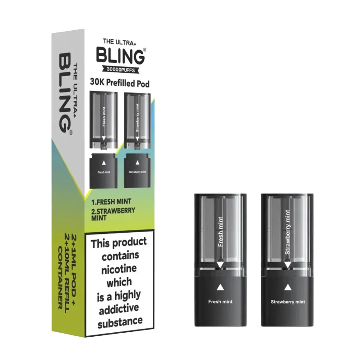 Bling vape pod packaging with two vape pods on a white background