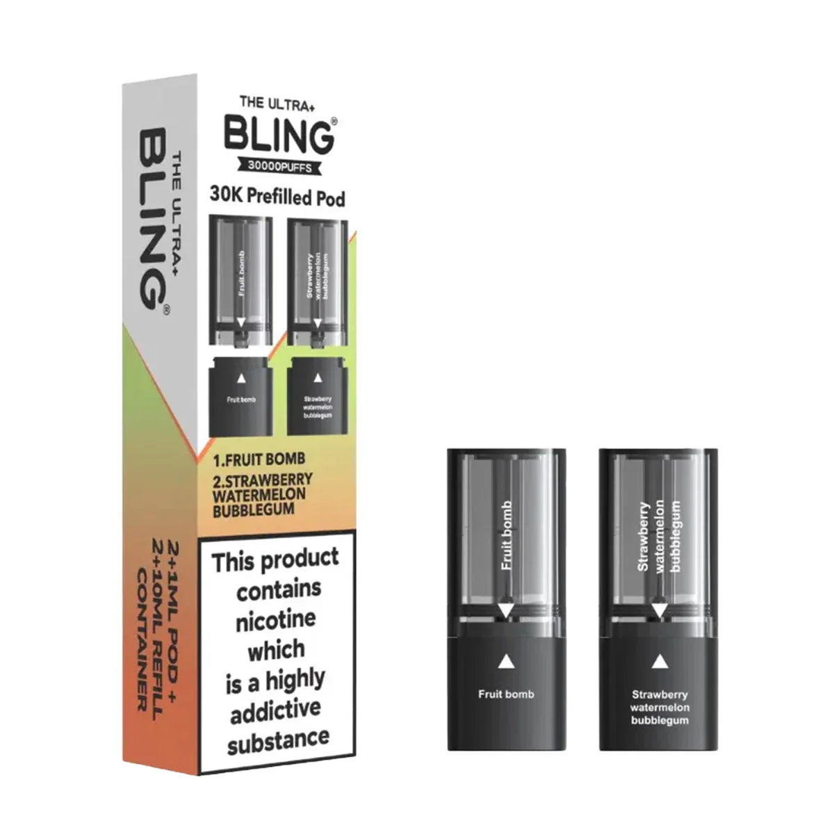 BLING vape pod packaging with two pods on a white background