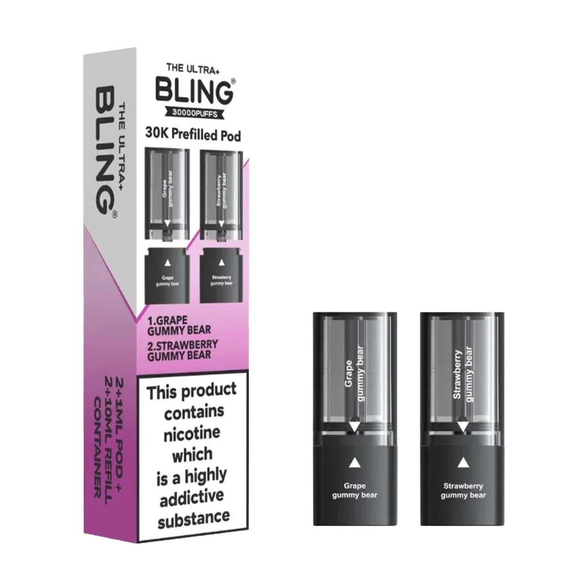 Bling vape pod packaging with two vape pods on a white background
