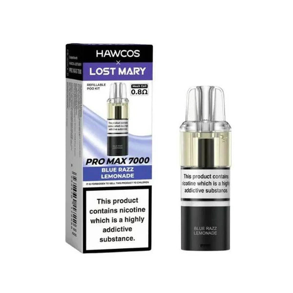 Vape pen and packaging with 'Hawcos x Lost Mary' branding on a white background