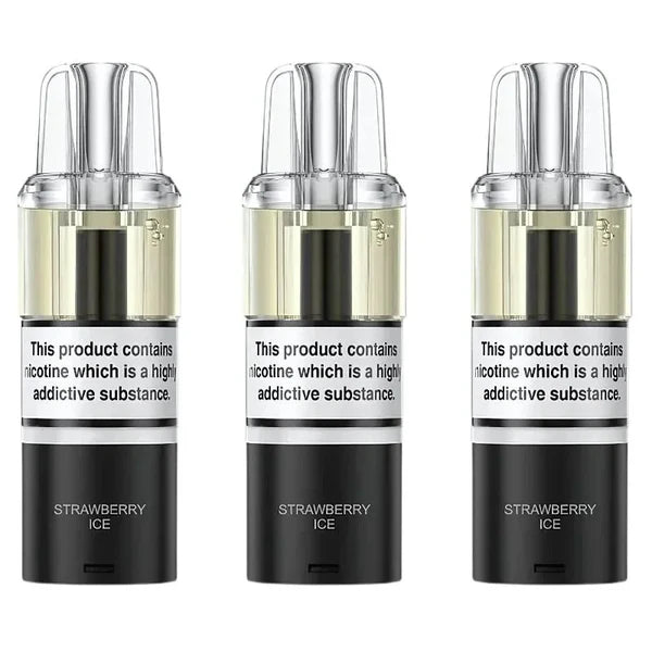 Three Strawberry Ice flavored vape devices with nicotine warning labels on a white background.