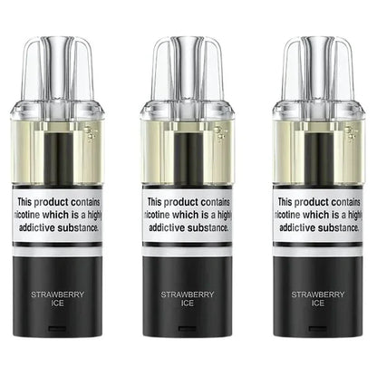 Three Strawberry Ice flavored vape devices with nicotine warning labels on a white background.