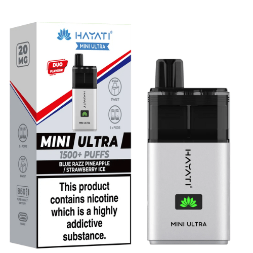 Hayati Mini Ultra 1500 Disposable Vape Device - 20MG - Eliquid Base - Blue Razz Pineapple / Strawberry Ice