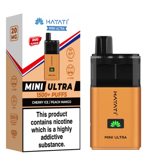Hayati Mini Ultra 1500 Disposable Vape Device - 20MG Pack of 5 - Eliquid Base - Cherry Ice / Peach Mango