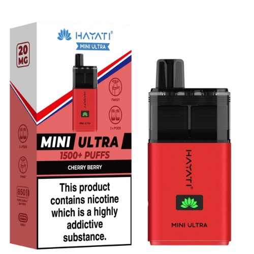 Hayati Mini Ultra 1500 Disposable Vape Device - 20MG Pack of 5 - Eliquid Base - Cherry Berry