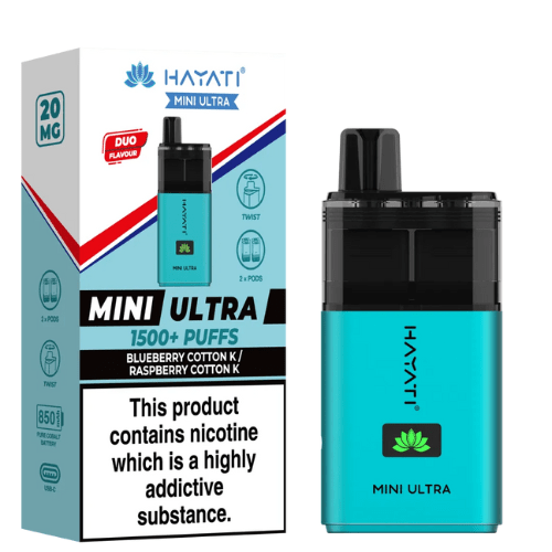 Hayati Mini Ultra 1500 Disposable Vape Device - 20MG Pack of 5 - Eliquid Base - Blueberry Cotton K / Raspberry Cotton K