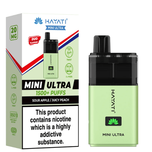 Hayati Mini Ultra 1500 Disposable Vape Device - 20MG Pack of 5 - Eliquid Base - Sour Apple / Juicy Peach