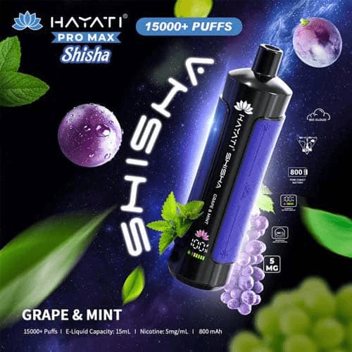 Hayati Pro Max Shisha 15k Disposable Vape Device, Eliquid Base, Grape & Mint
