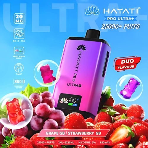 Hayati Pro Ultra Plus 25000 Disposable Vape Device - 20MG - Pack Of 5 - Eliquid Base - Grape Gummy Bear / Strawberry Gummy Bear