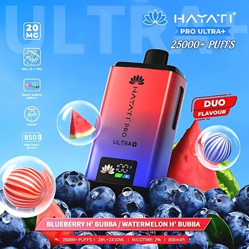 Hayati Pro Ultra Plus 25000 Disposable Vape Device - 20MG - Pack Of 5 - Eliquid Base - Blueberry Hubba Bubba / Watermelon Hubba Bubba