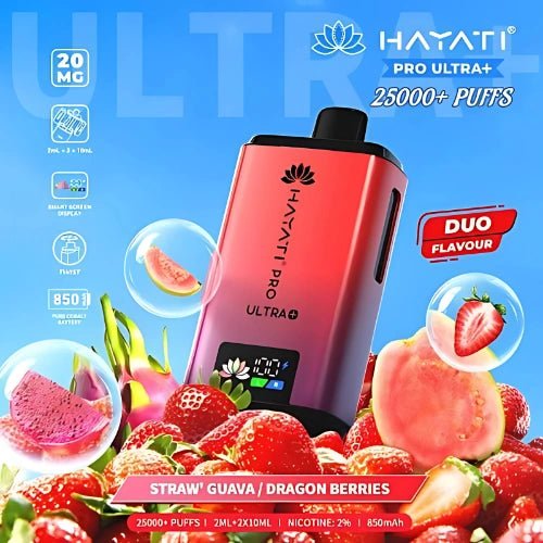 Hayati Pro Ultra Plus 25000 Disposable Vape Device - 20MG - Pack Of 5 - Eliquid Base - Straw' Guava / Dragon Berries