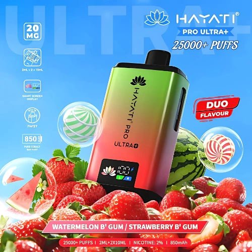 Hayati Pro Ultra Plus 25000 Disposable Vape Device - 20MG - Pack Of 5 - Eliquid Base - Watermelon B' Gum / Strawberry B' Gum