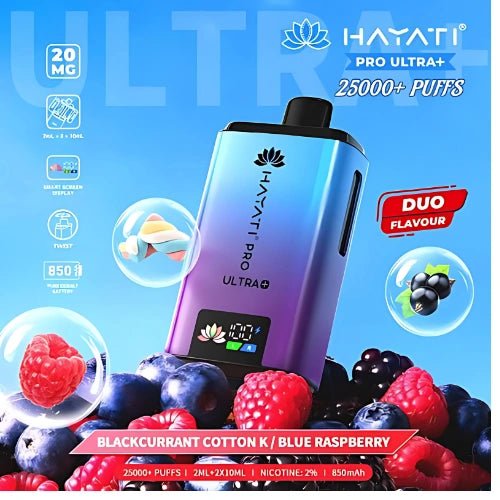Hayati Pro Ultra Plus 25000 Disposable Vape Device - 20MG - Pack Of 5 - Eliquid Base - Blackcurrant Cotton Candy / Blue Raspberry