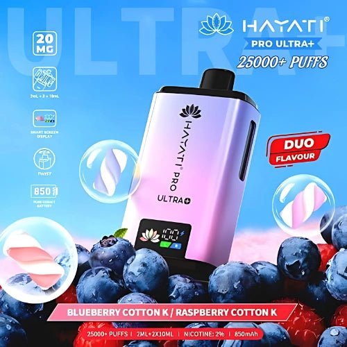 Hayati Pro Ultra Plus 25000 Disposable Vape Device - 20MG - Pack Of 5 - Eliquid Base - Blueberry Cotton Candy / Raspberry Cotton Candy