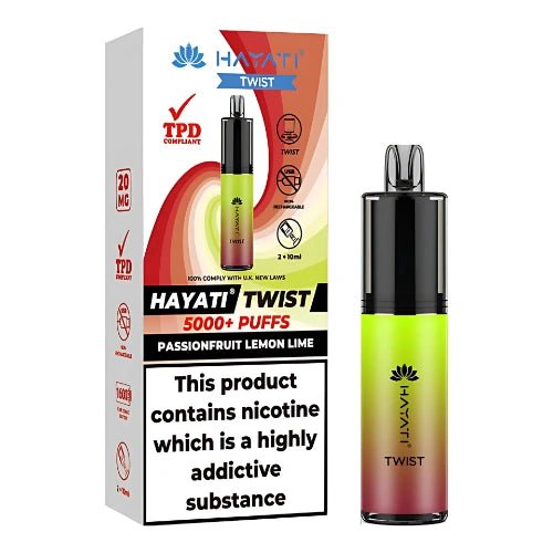 Hayati Twist 5000 Disposable Vape Device - 20mg - Eliquid Base - Passionfruit Lemon Lime