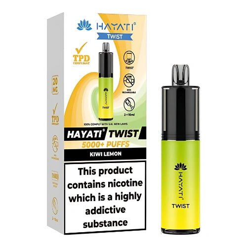 Hayati Twist 5000 Disposable Vape Device Pack Of 5 - Eliquid Base - Kiwi Lemon