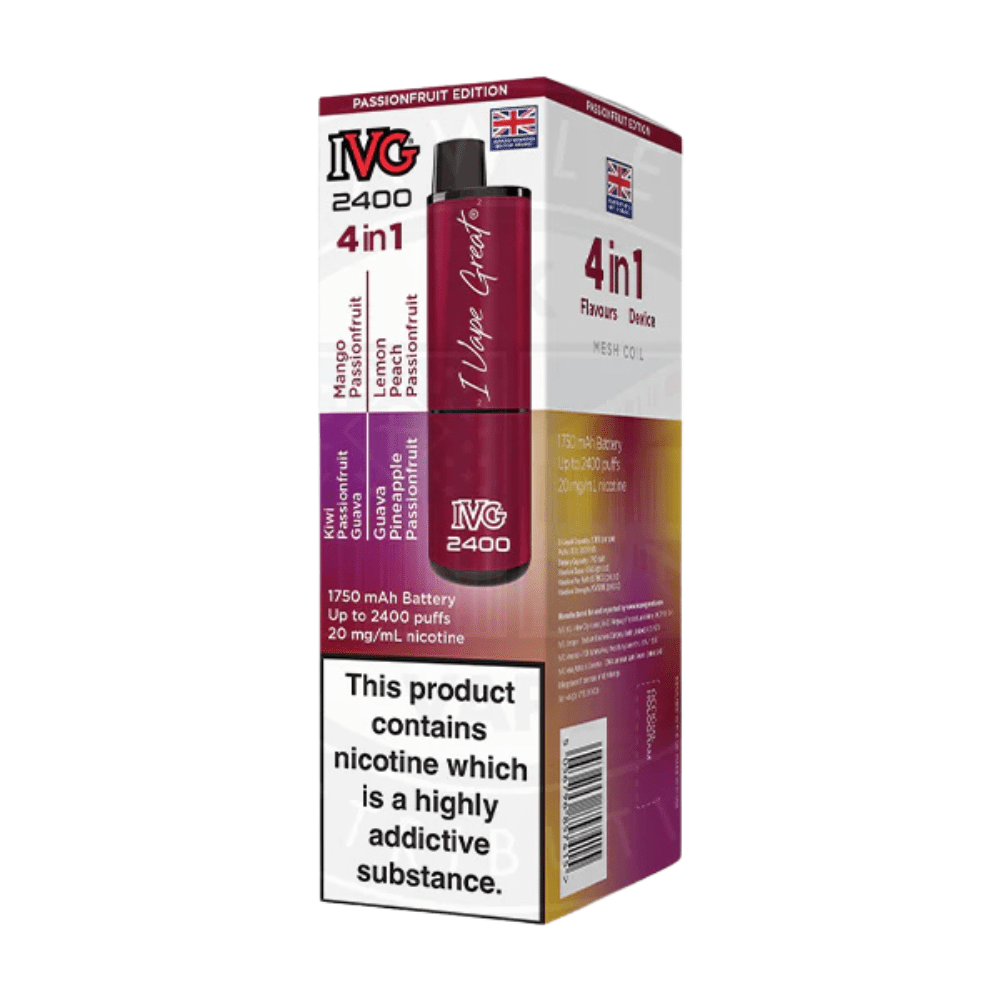 IVG 2400 Rechargeable Vape Kit box of 5 - Eliquid Base - Passionfruit Edition