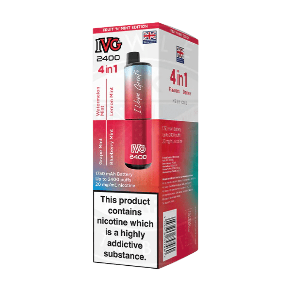 IVG 2400 Rechargeable Vape Kit box of 5 - Eliquid Base - Fruit N Mint Edition