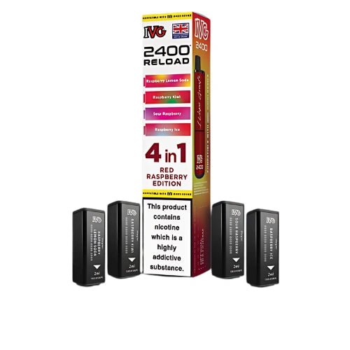 IVG 2400 Reload 4in1 Multi Flavour Pre - filled Vape Pods - Box Of 5 - Eliquid Base - Red Raspberry Edition