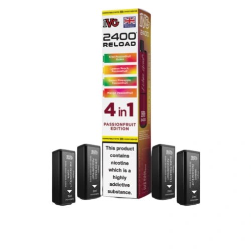 IVG 2400 Reload 4in1 Multi Flavour Pre - filled Vape Pods - Box Of 5 - Eliquid Base - Passionfruit Edition