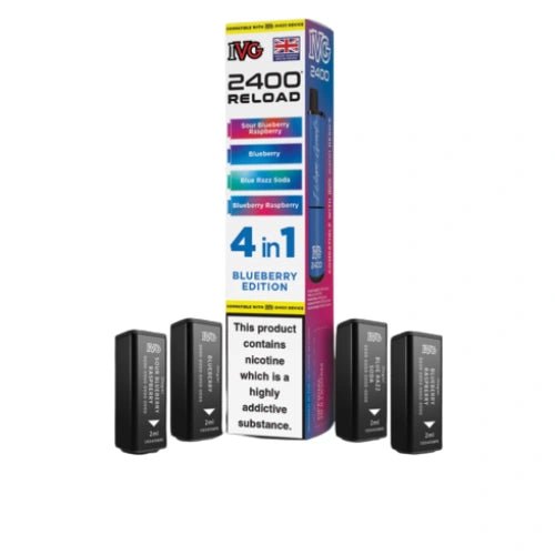 IVG 2400 Reload 4in1 Multi Flavour Pre - filled Vape Pods - Box Of 5 - Eliquid Base - Blueberry Edition