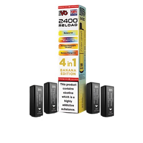 IVG 2400 Reload 4in1 Multi Flavour Pre - filled Vape Pods - Box Of 5 - Eliquid Base - Banana Edition
