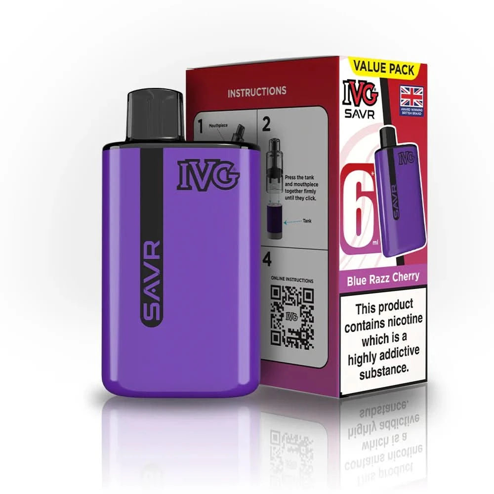 IVG SAVR 3000 Disposable Starter Vape Device - Pack of 5 - Eliquid Base - Blue Razz cherry