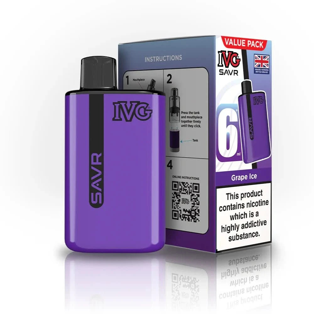 IVG SAVR 3000 Disposable Starter Vape Device - Pack of 5 - Eliquid Base - Grape Ice