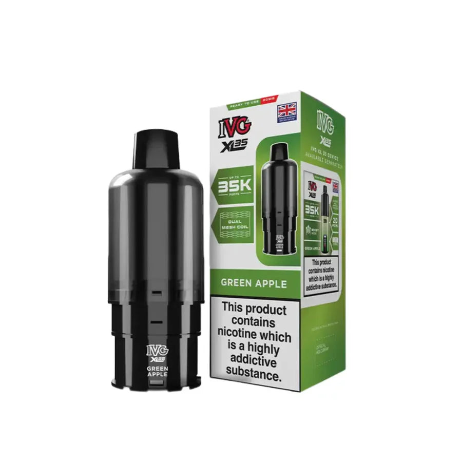 Black vape device with green apple flavor packaging on a white background
