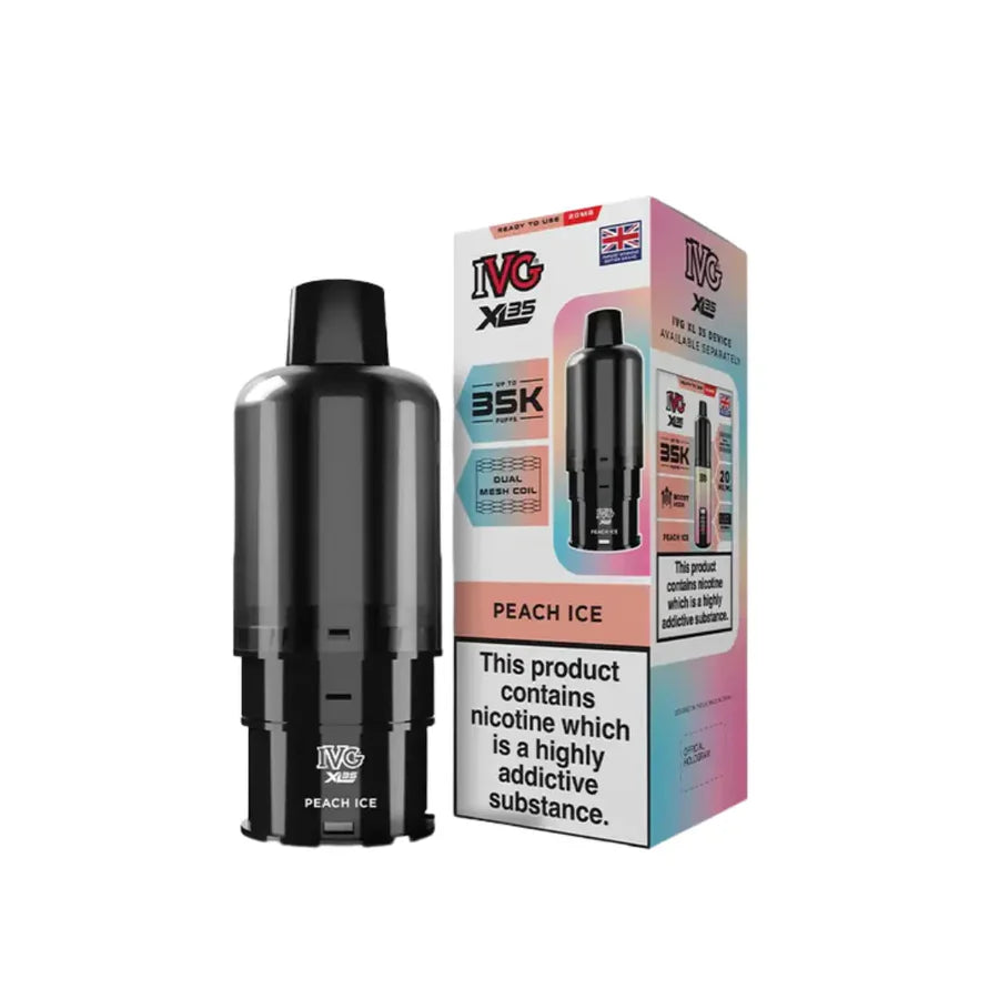 Black vape device with IVG packaging on a white background